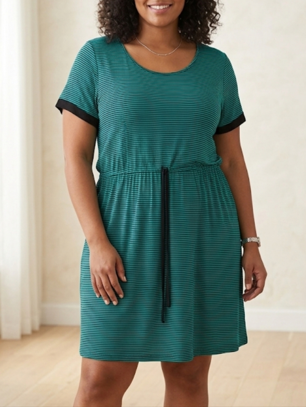 Plus Size Tee Shirt Mini Dress 2XL Green with Navy Stripes Scoop-Neck Tie Waist